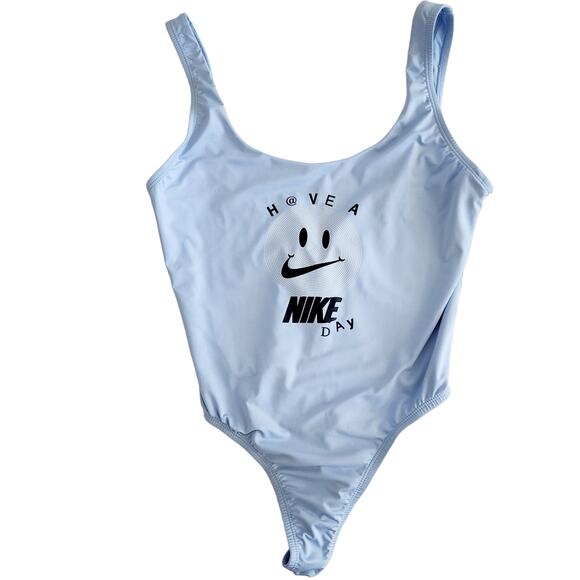 Nike One Piece Light Blue Swimsuit with Smiley Face & Logo Size Large - Picture 3 of 7